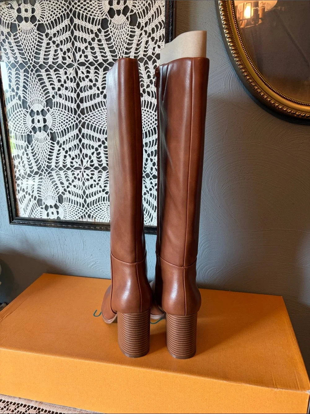 Unisa Tall Tan Brown Leather Block Heel Knee Boots
